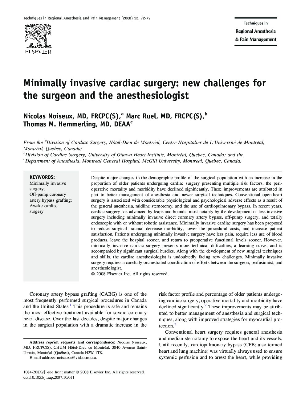 Minimally invasive cardiac surgery: new challenges for the surgeon and the anesthesiologist