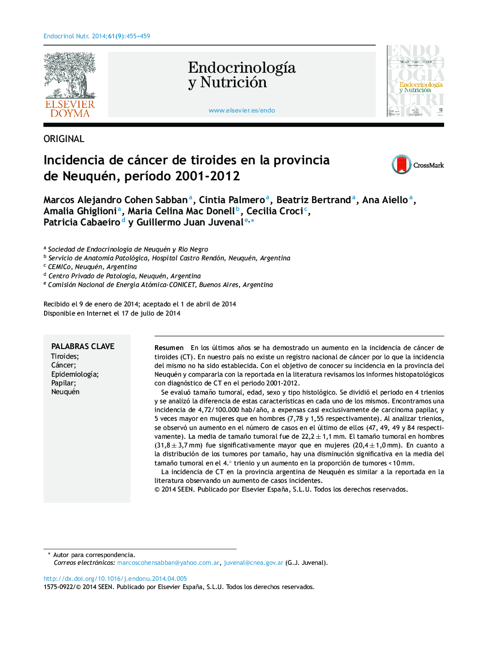 Incidencia de cáncer de tiroides en la provincia de Neuquén, período 2001-2012