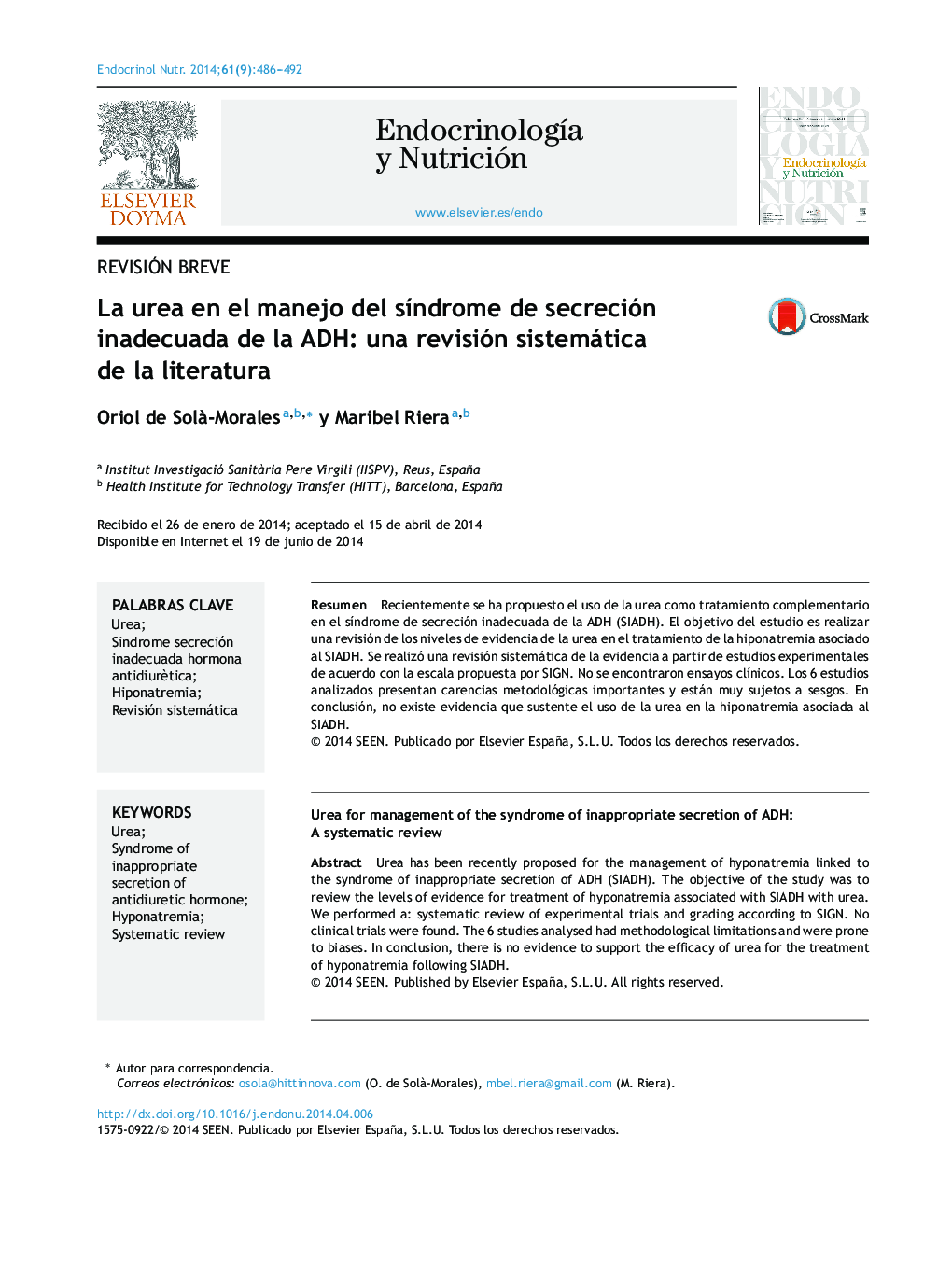 La urea en el manejo del síndrome de secreción inadecuada de la ADH: una revisión sistemática de la literatura