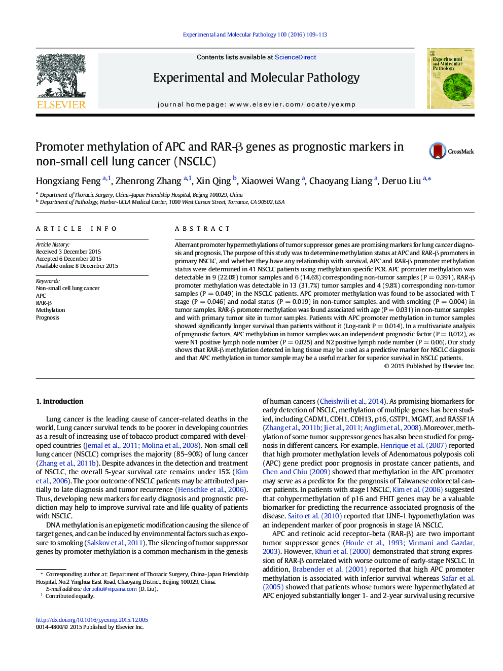 متیلاسیون پروموتور ژن های APC و RAR-β به عنوان مارکرهای پیش آگهی در سرطان ریه سلول غیرکوچک (NSCLC)