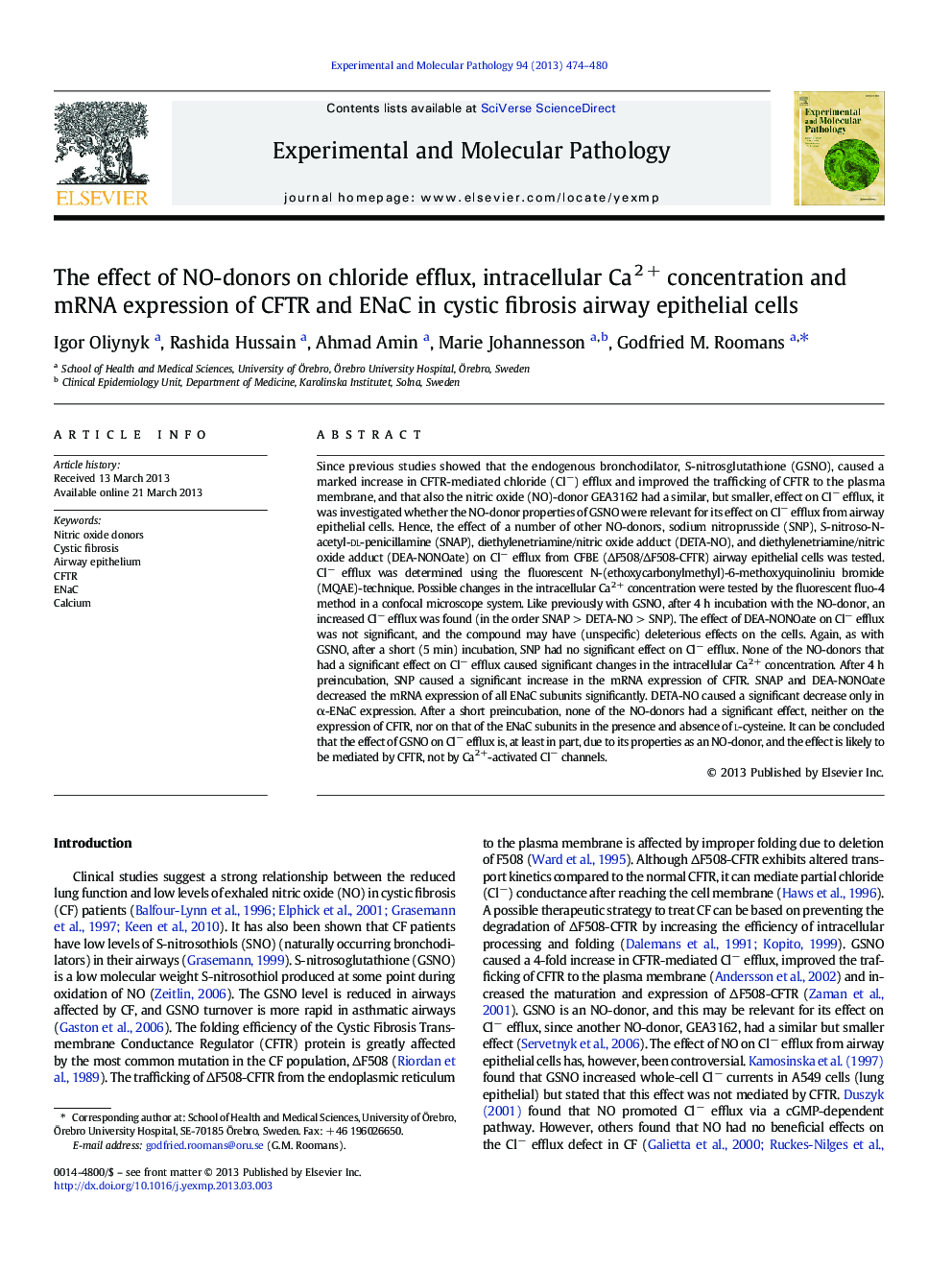 The effect of NO-donors on chloride efflux, intracellular Ca2 + concentration and mRNA expression of CFTR and ENaC in cystic fibrosis airway epithelial cells