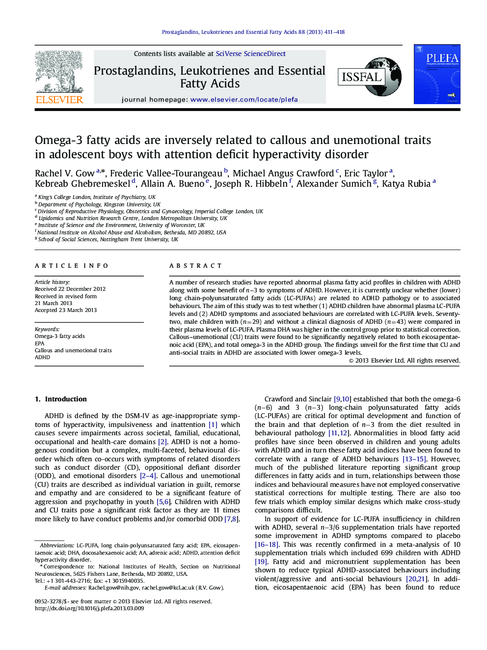 Omega-3 fatty acids are inversely related to callous and unemotional traits in adolescent boys with attention deficit hyperactivity disorder