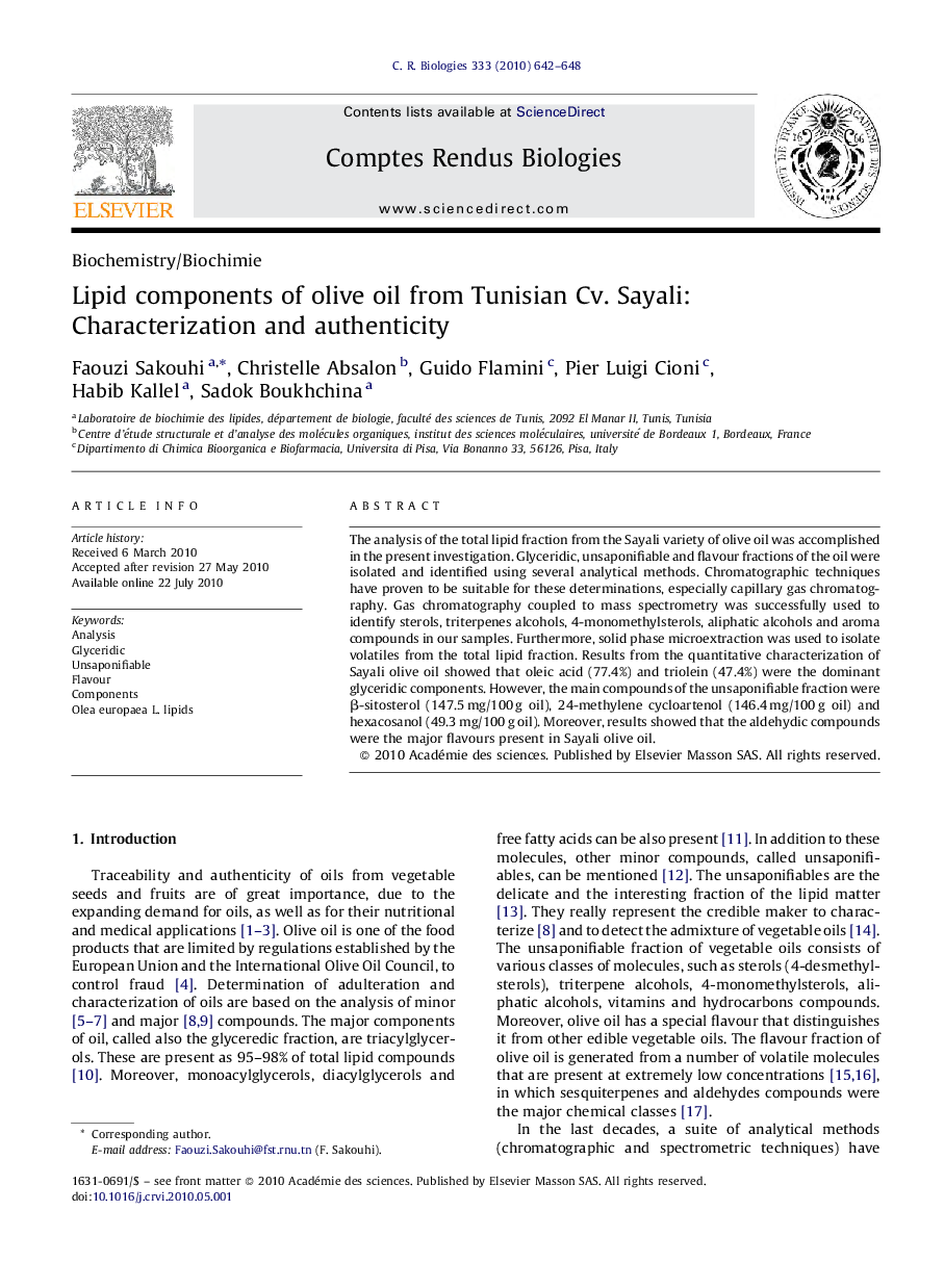 Lipid components of olive oil from Tunisian Cv. Sayali: Characterization and authenticity