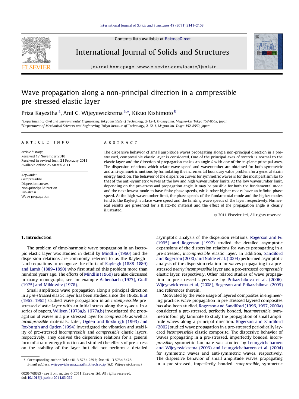 Wave propagation along a non-principal direction in a compressible pre-stressed elastic layer