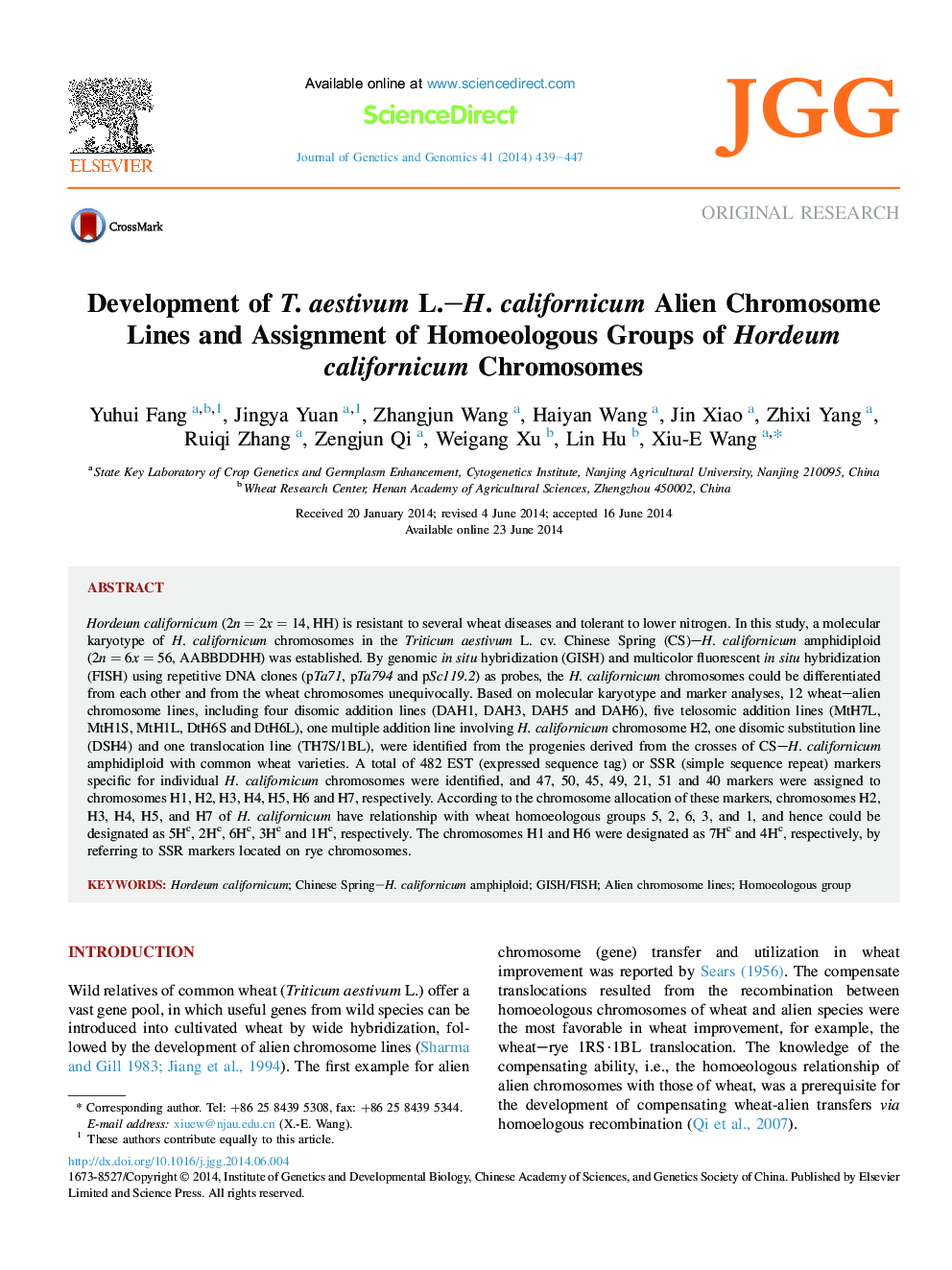 Development of T. aestivum L.–H. californicum Alien Chromosome Lines and Assignment of Homoeologous Groups of Hordeum californicum Chromosomes