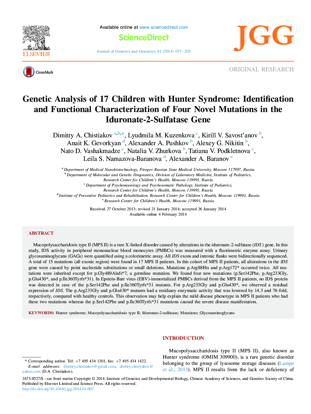 Genetic Analysis of 17 Children with Hunter Syndrome: Identification and Functional Characterization of Four Novel Mutations in the Iduronate-2-Sulfatase Gene