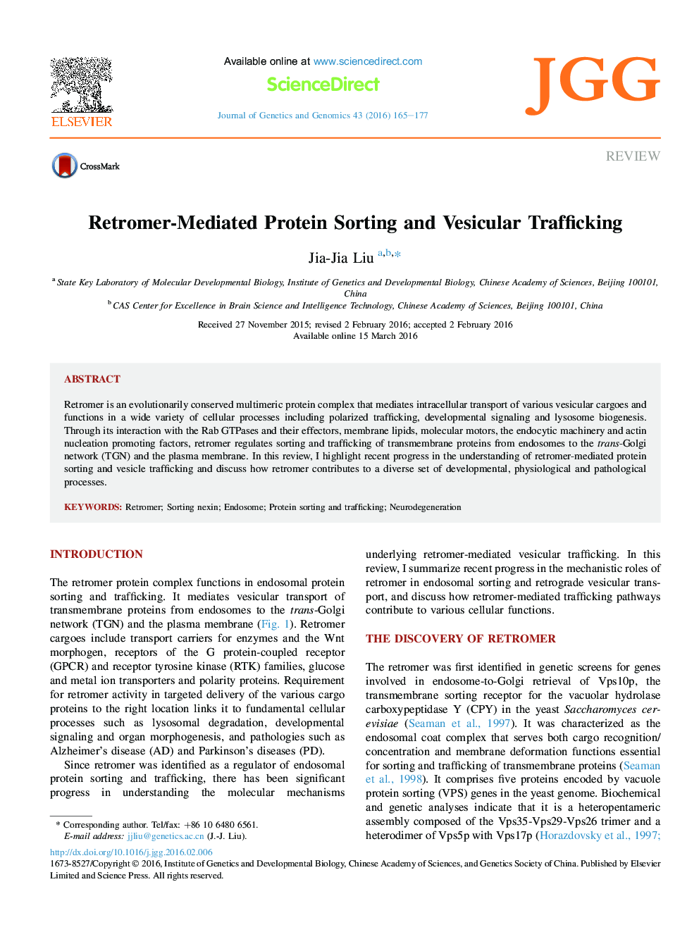 Retromer-Mediated Protein Sorting and Vesicular Trafficking