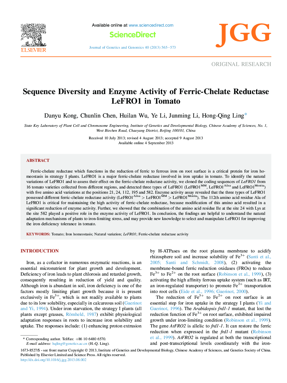 Sequence Diversity and Enzyme Activity of Ferric-Chelate Reductase LeFRO1 in Tomato