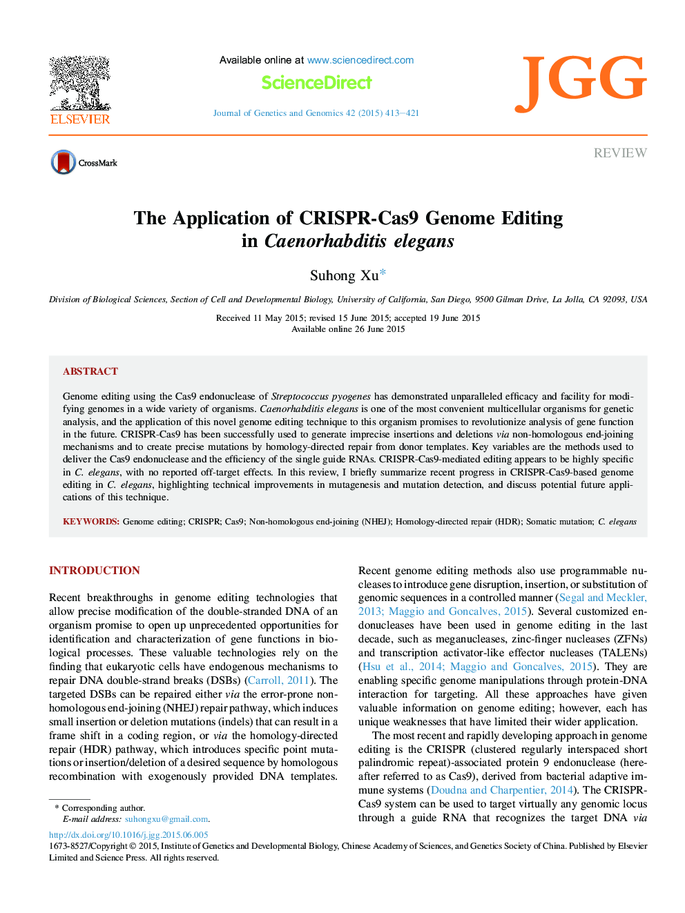 The Application of CRISPR-Cas9 Genome Editing in Caenorhabditis elegans