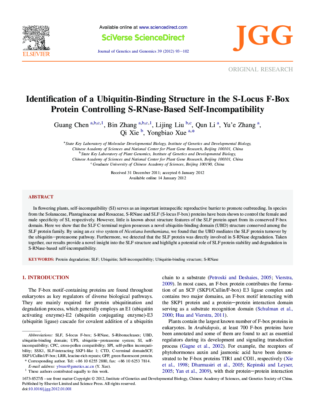Identification of a Ubiquitin-Binding Structure in the S-Locus F-Box Protein Controlling S-RNase-Based Self-Incompatibility