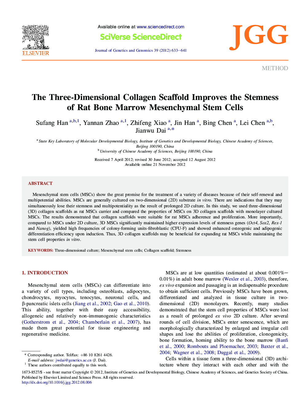 The Three-Dimensional Collagen Scaffold Improves the Stemness of Rat Bone Marrow Mesenchymal Stem Cells