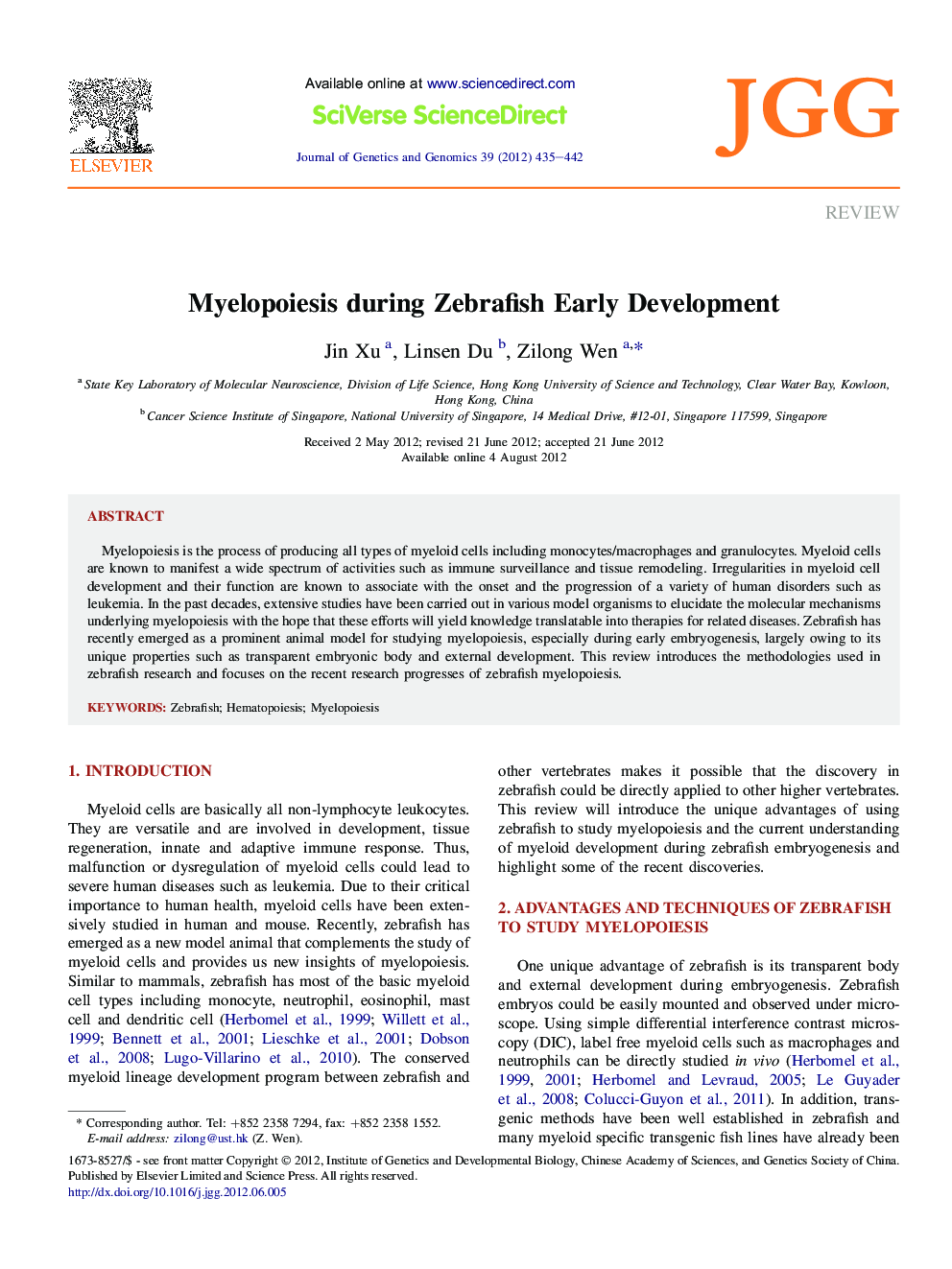 Myelopoiesis during Zebrafish Early Development