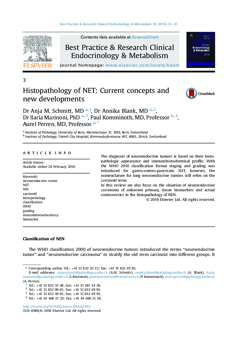 Histopathology of NET: Current concepts and new developments