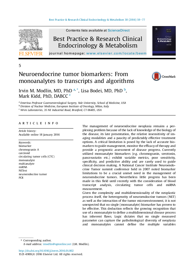 Neuroendocrine tumor biomarkers: From monoanalytes to transcripts and algorithms