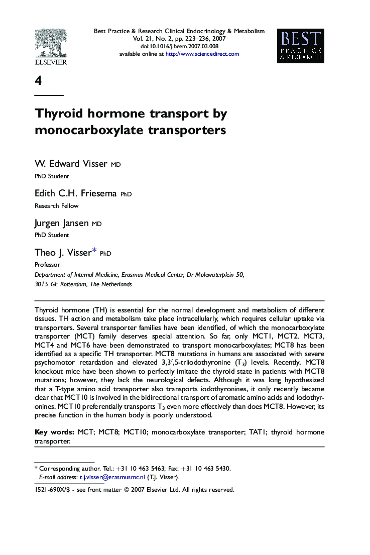 Thyroid hormone transport by monocarboxylate transporters