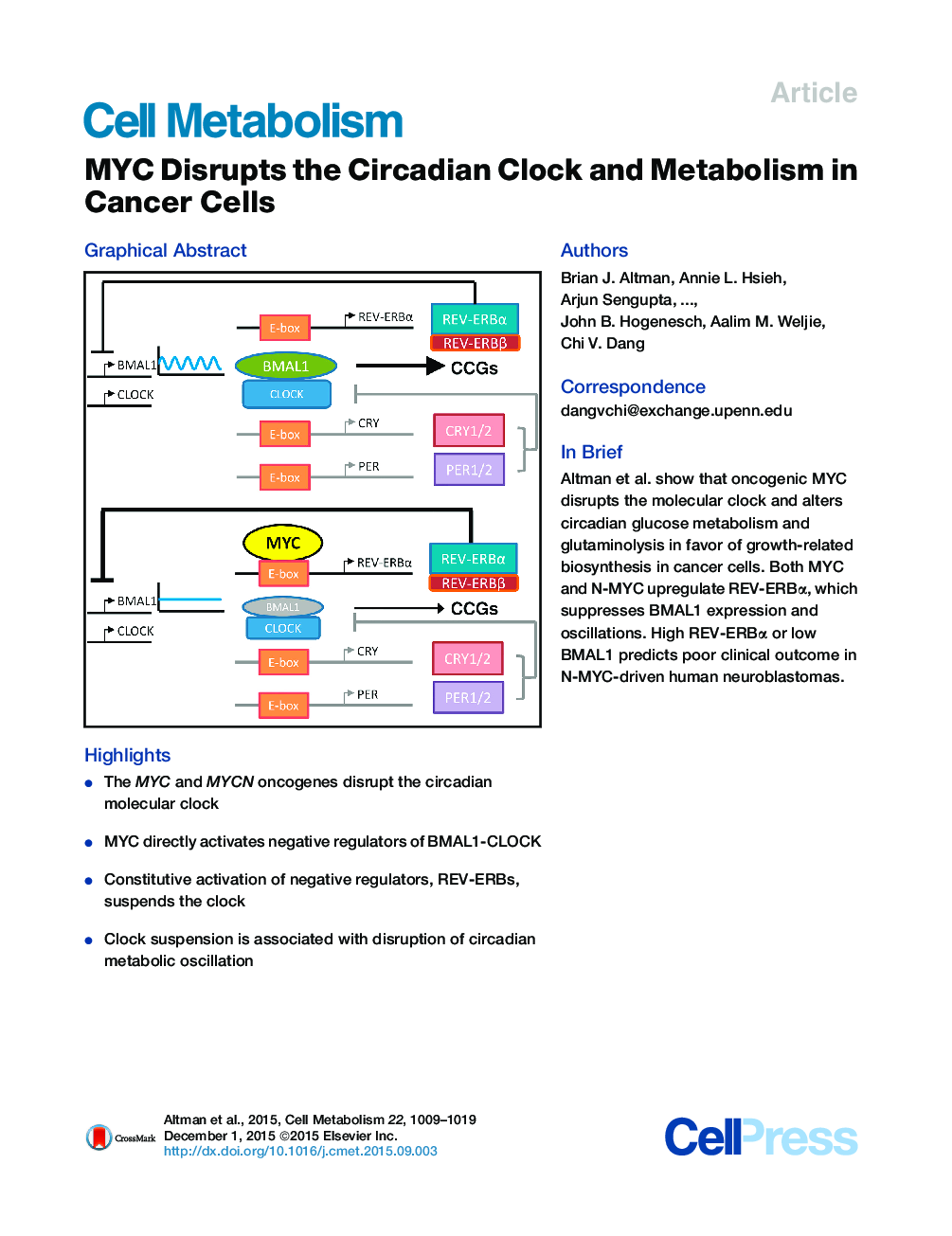 MYC Disrupts the Circadian Clock and Metabolism in Cancer Cells