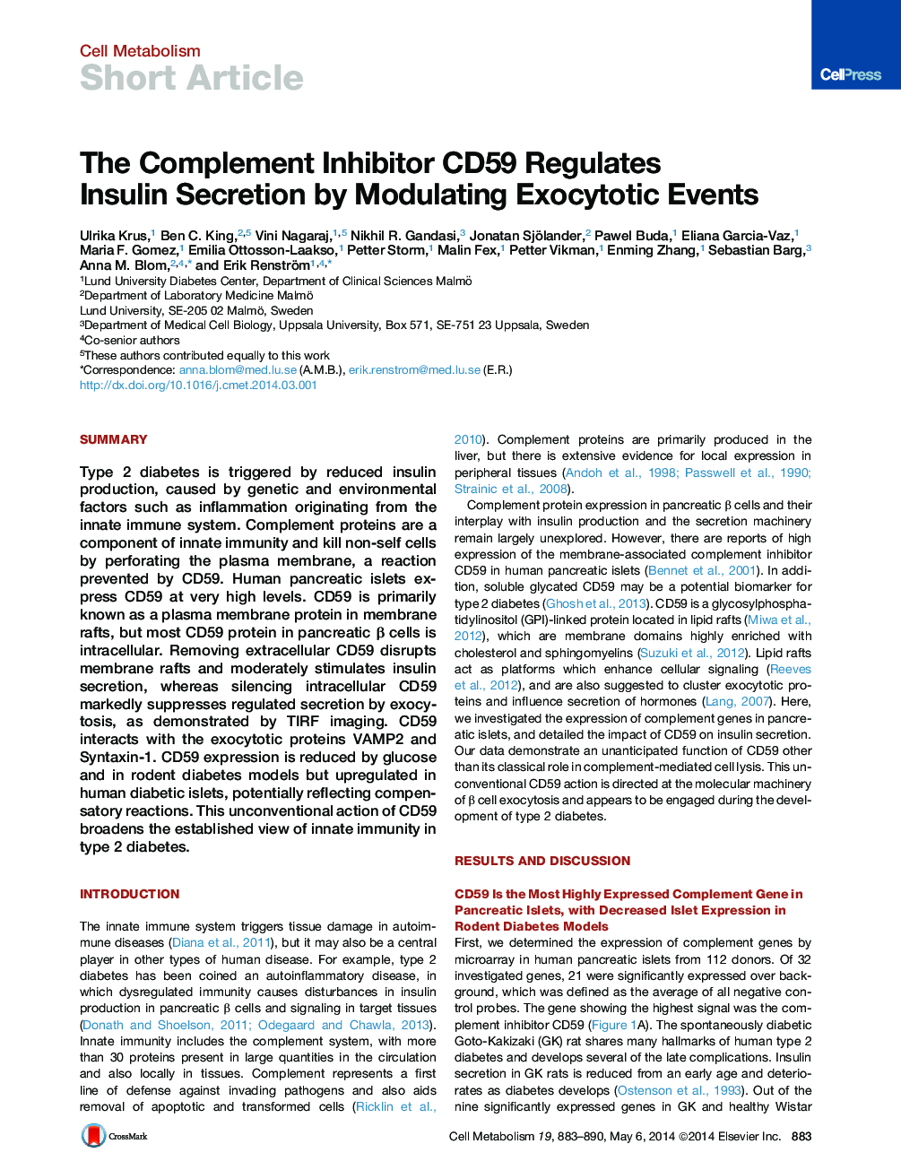 The Complement Inhibitor CD59 Regulates Insulin Secretion by Modulating Exocytotic Events