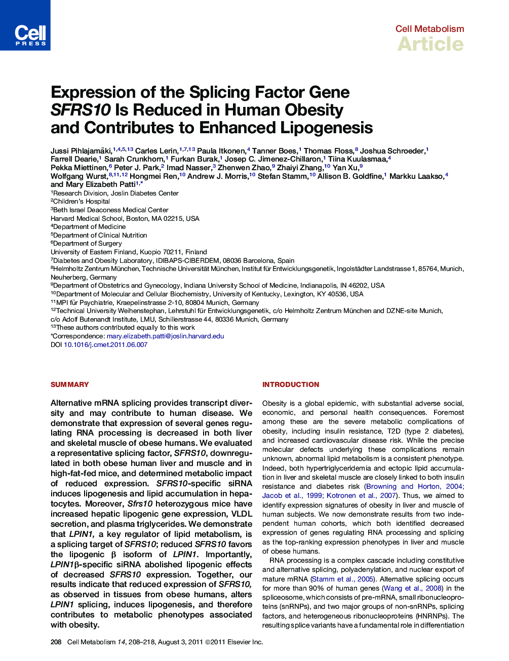 Expression of the Splicing Factor Gene SFRS10 Is Reduced in Human Obesity and Contributes to Enhanced Lipogenesis