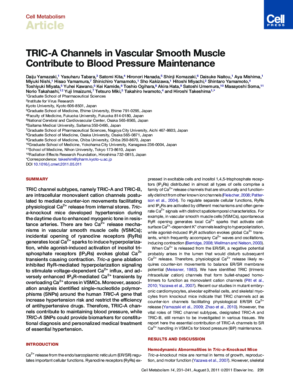TRIC-A Channels in Vascular Smooth Muscle Contribute to Blood Pressure Maintenance