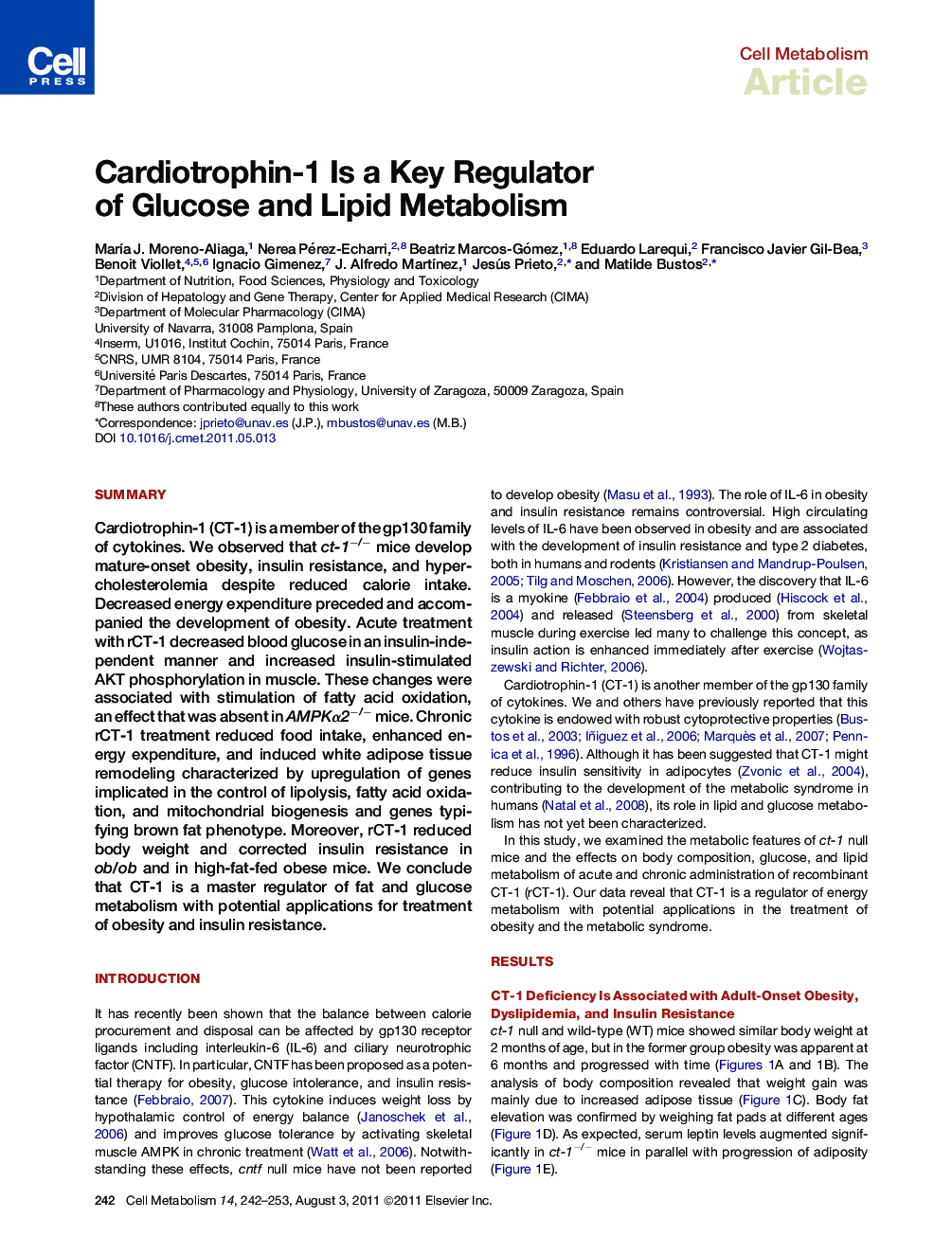 Cardiotrophin-1 Is a Key Regulator of Glucose and Lipid Metabolism