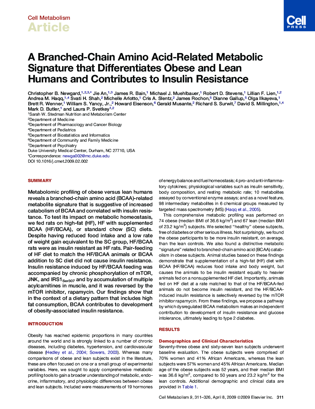 A Branched-Chain Amino Acid-Related Metabolic Signature that Differentiates Obese and Lean Humans and Contributes to Insulin Resistance