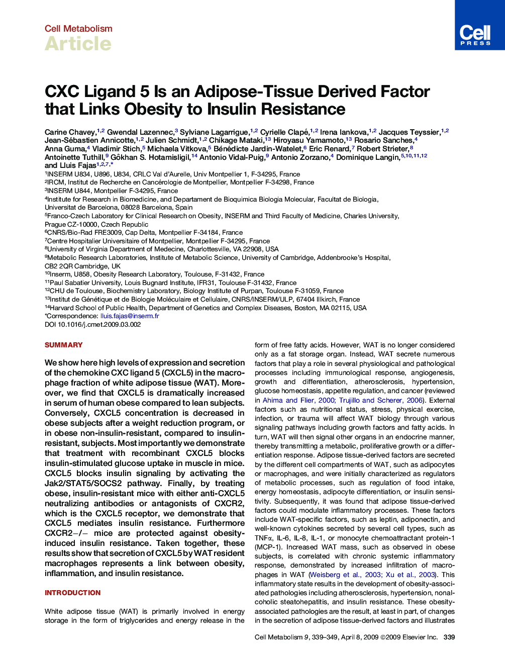 CXC Ligand 5 Is an Adipose-Tissue Derived Factor that Links Obesity to Insulin Resistance