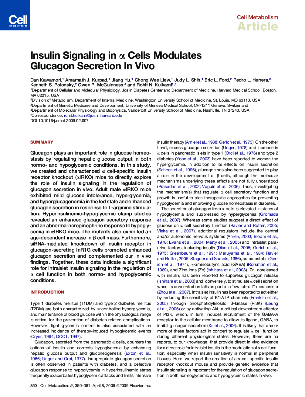 Insulin Signaling in α Cells Modulates Glucagon Secretion In Vivo