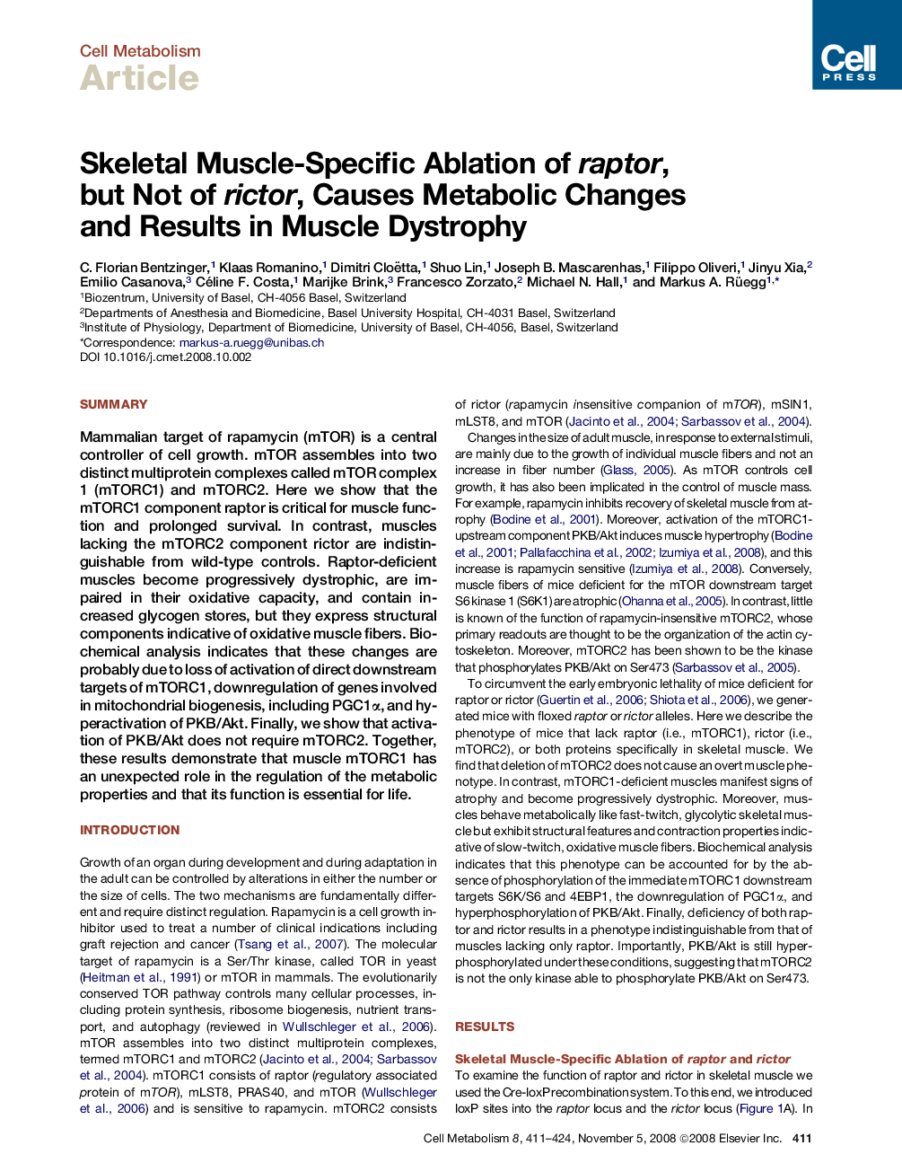 Skeletal Muscle-Specific Ablation of raptor, but Not of rictor, Causes Metabolic Changes and Results in Muscle Dystrophy