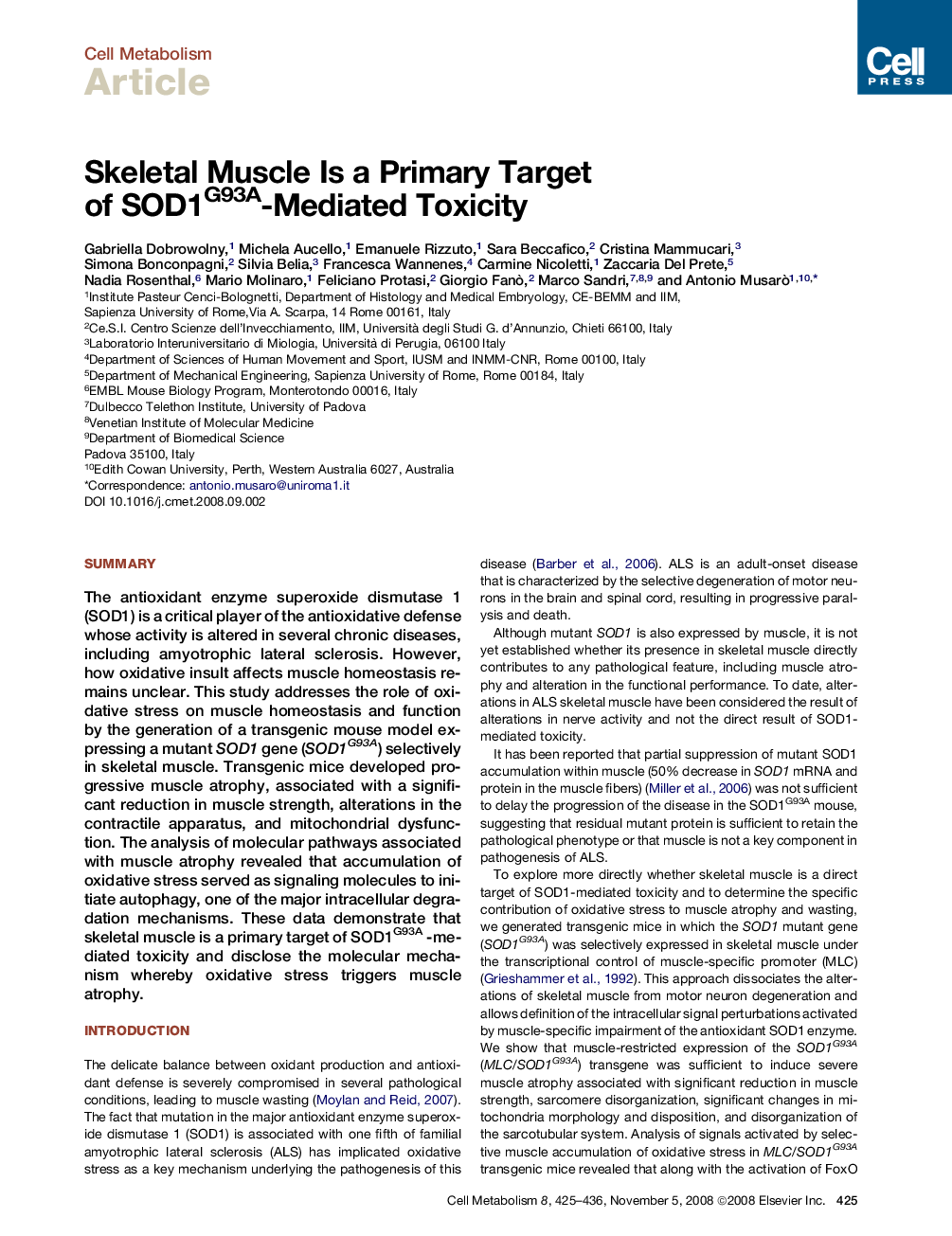 Skeletal Muscle Is a Primary Target of SOD1G93A-Mediated Toxicity