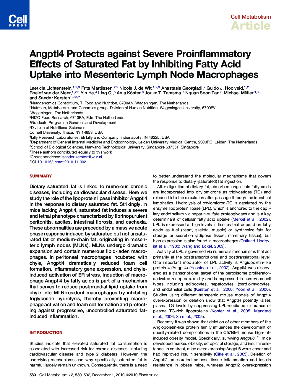 Angptl4 Protects against Severe Proinflammatory Effects of Saturated Fat by Inhibiting Fatty Acid Uptake into Mesenteric Lymph Node Macrophages