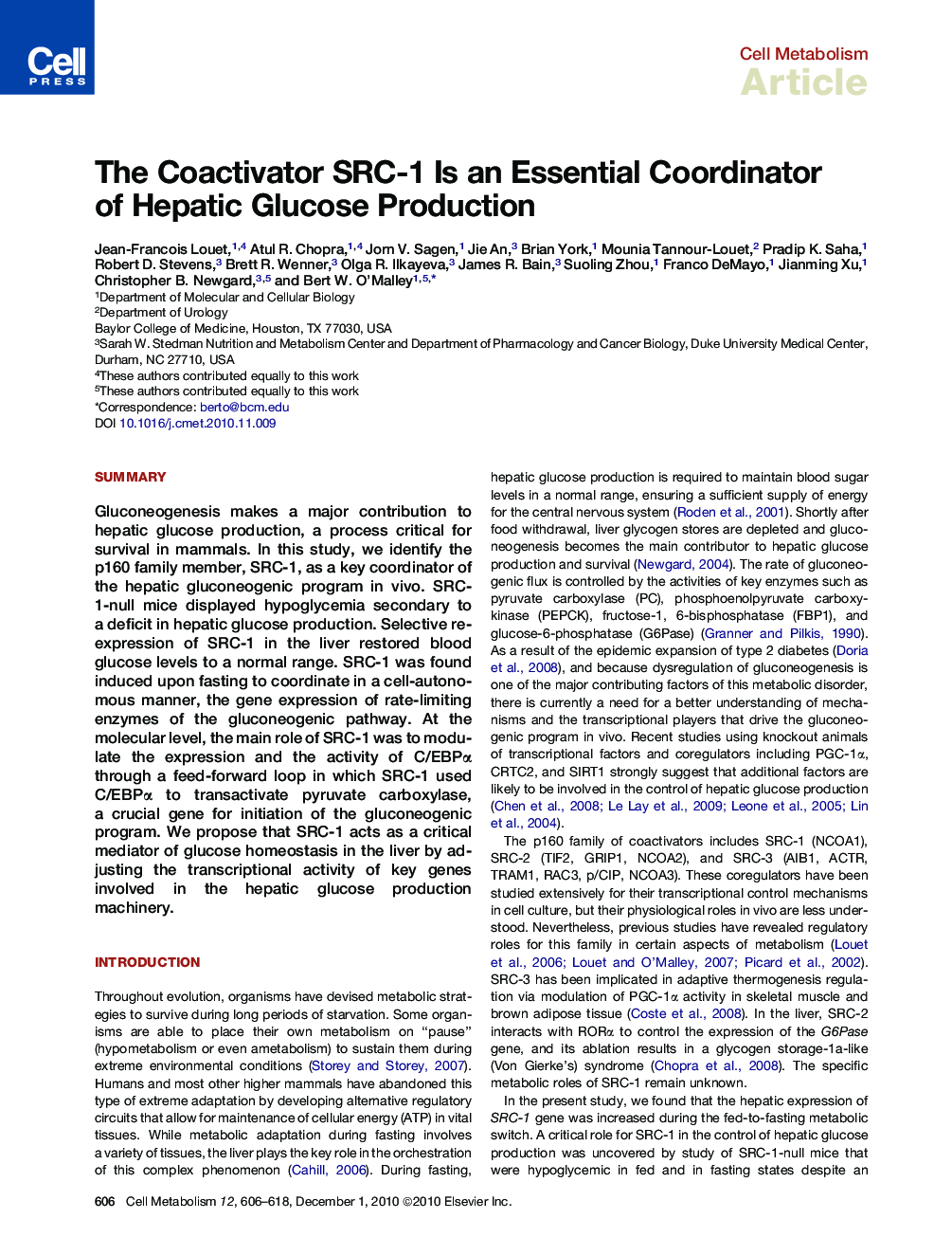 The Coactivator SRC-1 Is an Essential Coordinator of Hepatic Glucose Production