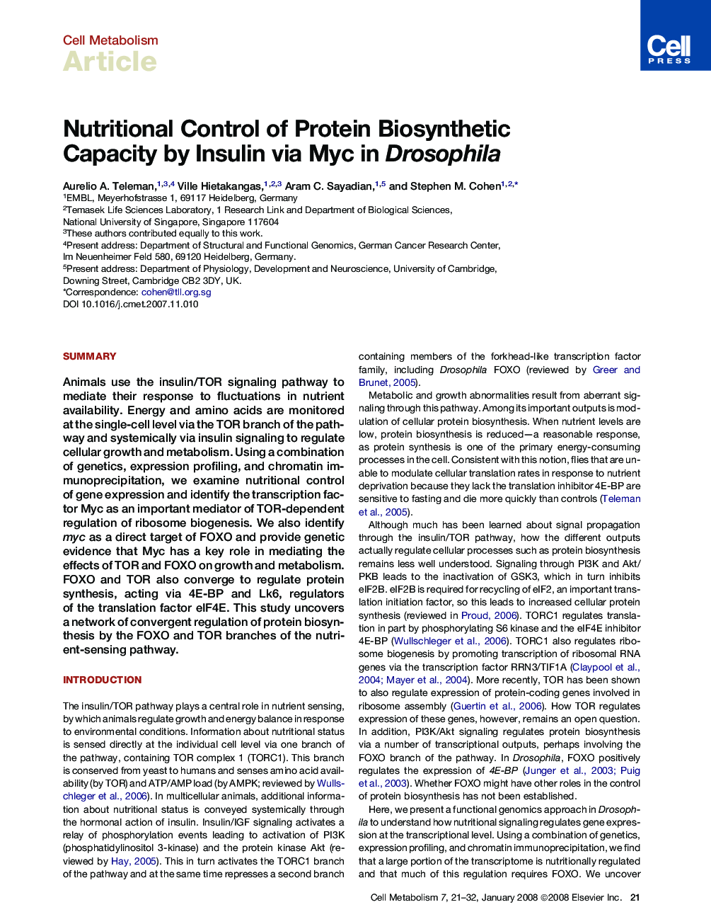 Nutritional Control of Protein Biosynthetic Capacity by Insulin via Myc in Drosophila
