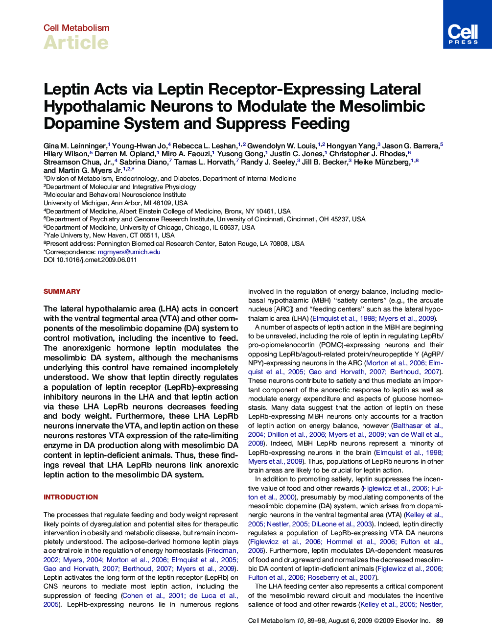 Leptin Acts via Leptin Receptor-Expressing Lateral Hypothalamic Neurons to Modulate the Mesolimbic Dopamine System and Suppress Feeding