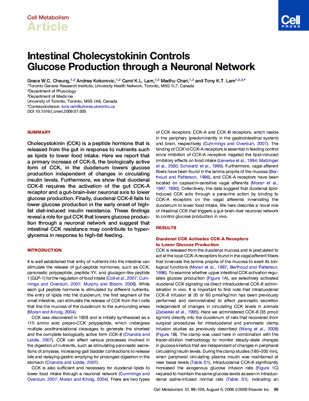 Intestinal Cholecystokinin Controls Glucose Production through a Neuronal Network