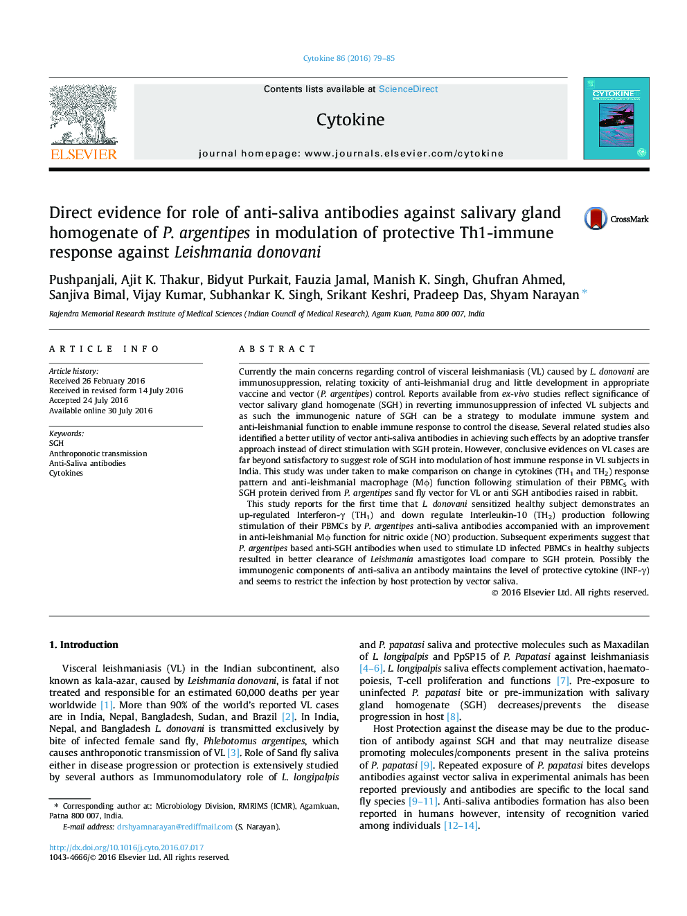 شواهد مستقیم برای نقش آنتی بادی های ضد بزاق در برابر هموگناد غده بزاق P. argentipes در مدولاسیون واکنش ایمنی Th1 محافظت شده علیه Leishmania donovani