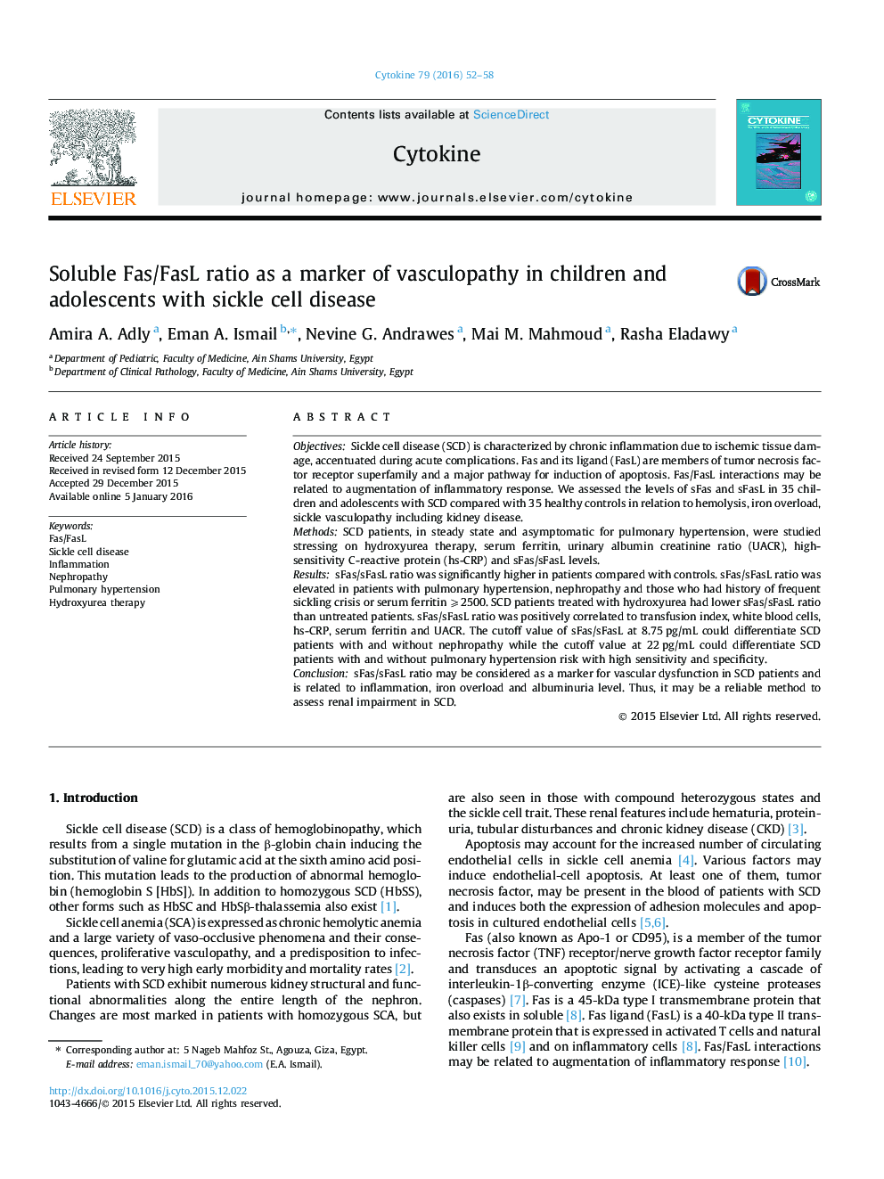 Soluble Fas/FasL ratio as a marker of vasculopathy in children and adolescents with sickle cell disease