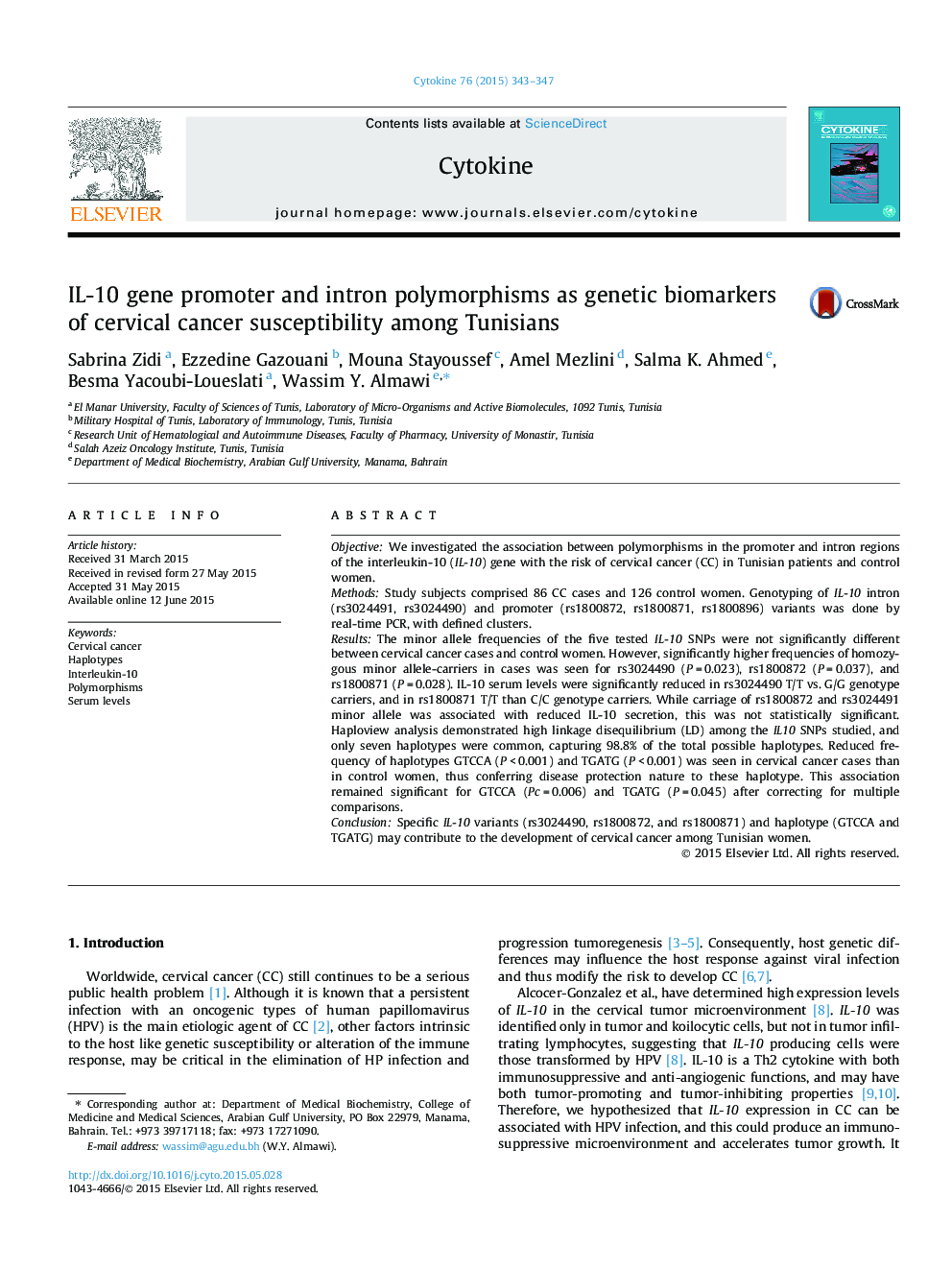 IL-10 gene promoter and intron polymorphisms as genetic biomarkers of cervical cancer susceptibility among Tunisians
