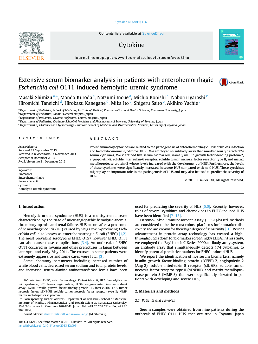 Extensive serum biomarker analysis in patients with enterohemorrhagic Escherichia coli O111-induced hemolytic-uremic syndrome