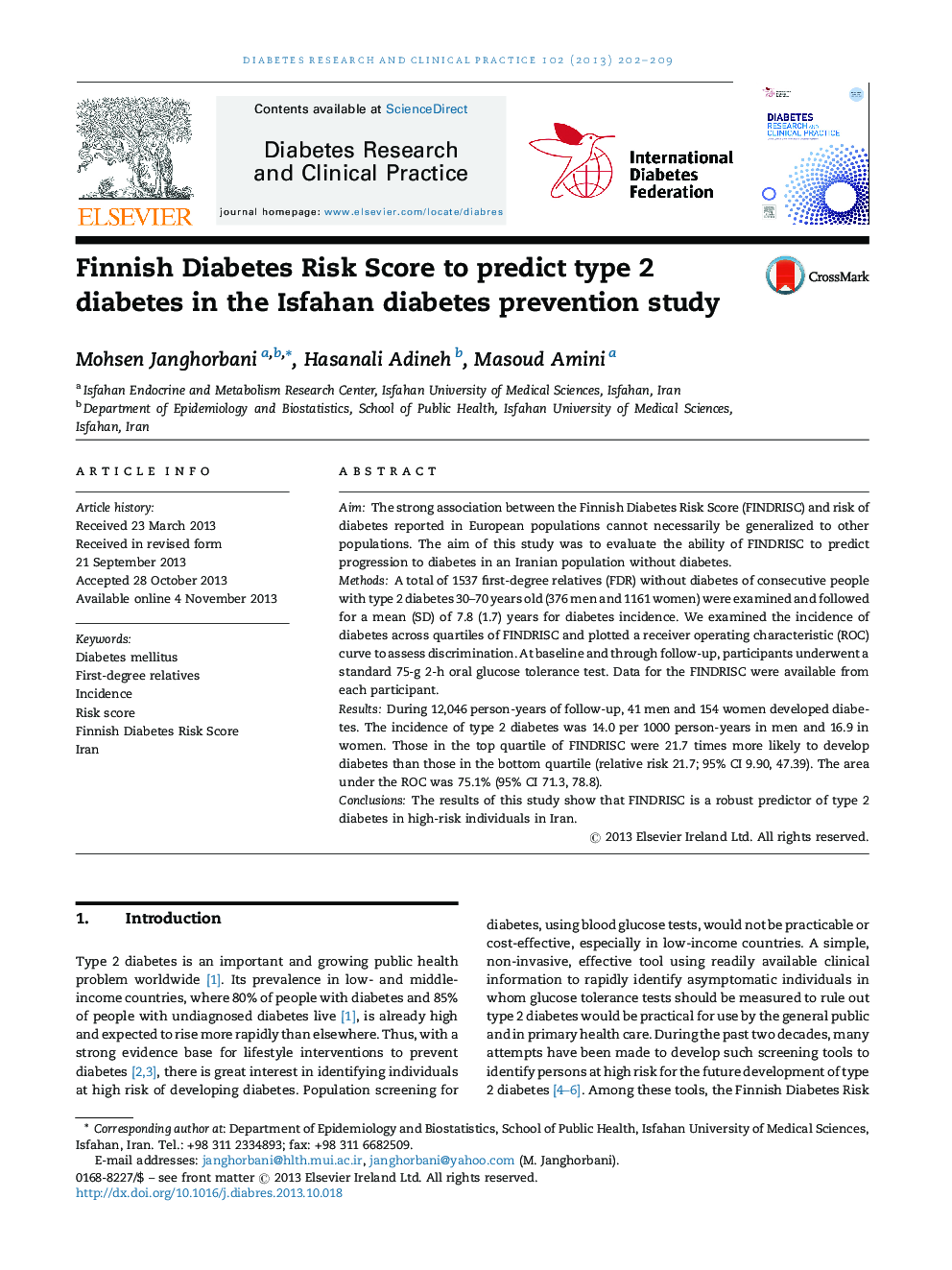 Finnish Diabetes Risk Score to predict type 2 diabetes in the Isfahan diabetes prevention study