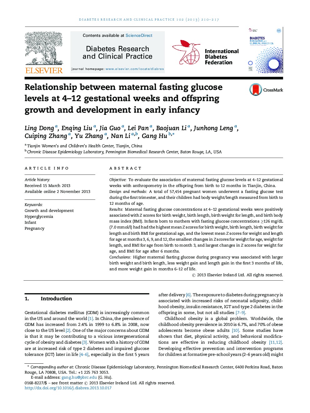 Relationship between maternal fasting glucose levels at 4–12 gestational weeks and offspring growth and development in early infancy