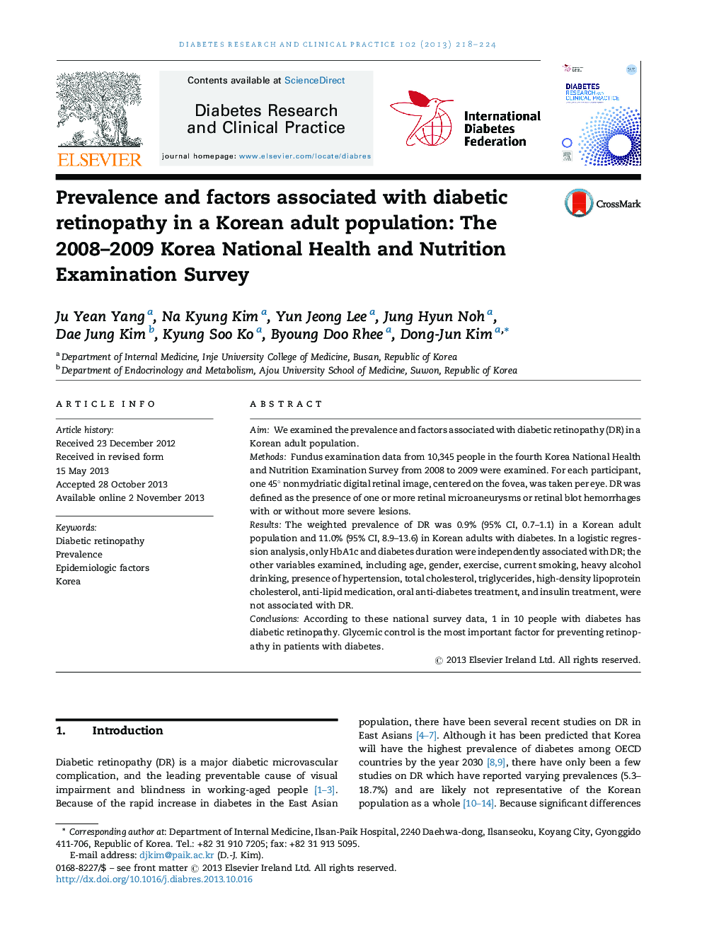 Prevalence and factors associated with diabetic retinopathy in a Korean adult population: The 2008–2009 Korea National Health and Nutrition Examination Survey