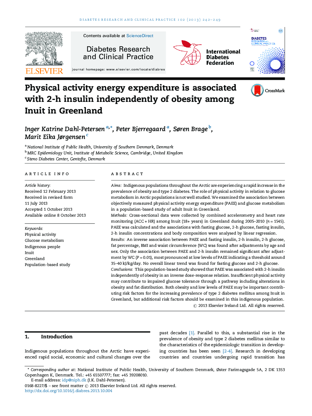 Physical activity energy expenditure is associated with 2-h insulin independently of obesity among Inuit in Greenland