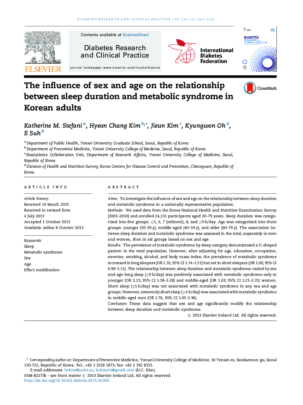 The influence of sex and age on the relationship between sleep duration and metabolic syndrome in Korean adults