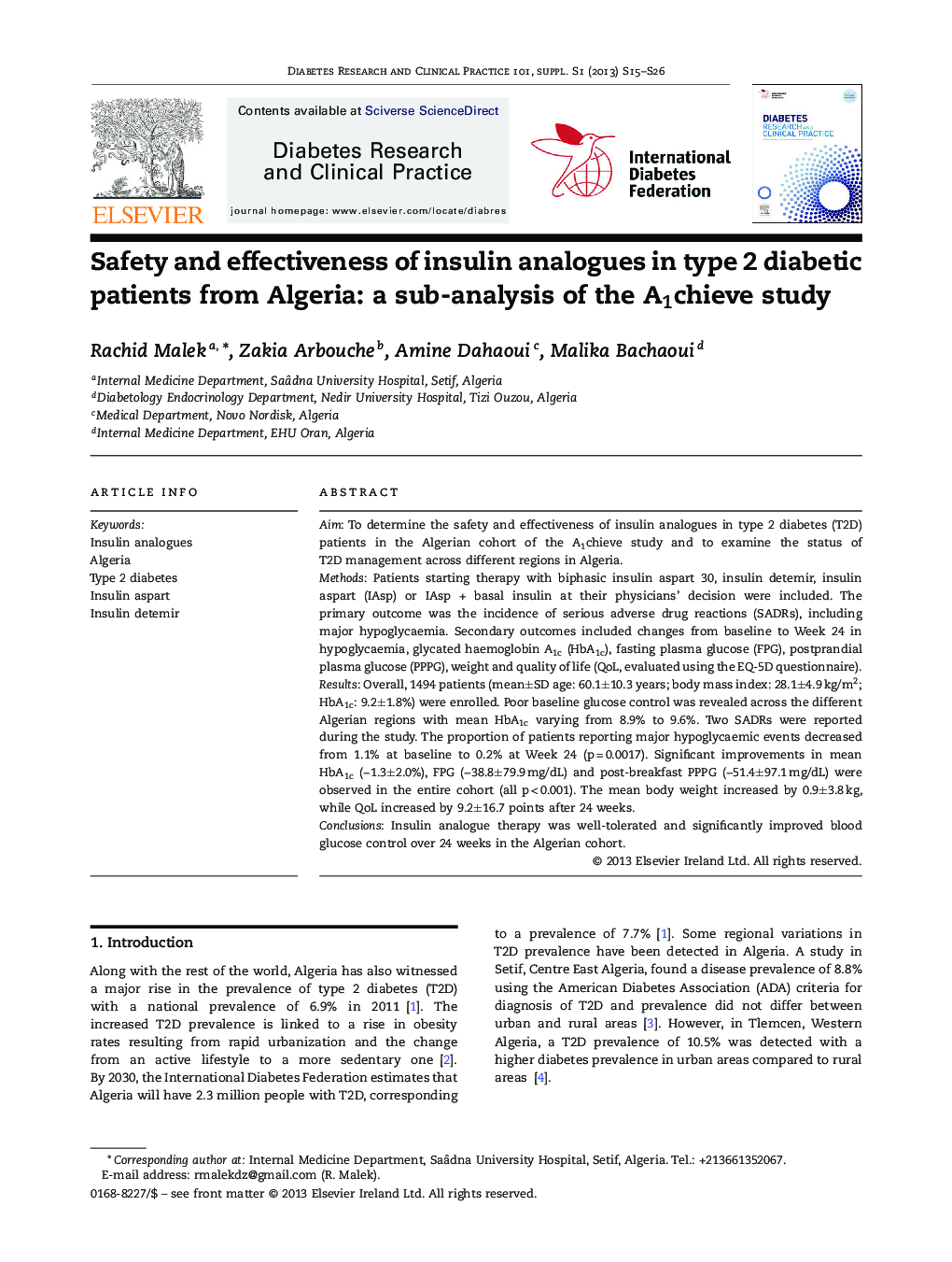 Safety and effectiveness of insulin analogues in type 2 diabetic patients from Algeria: a sub-analysis of the A1chieve study