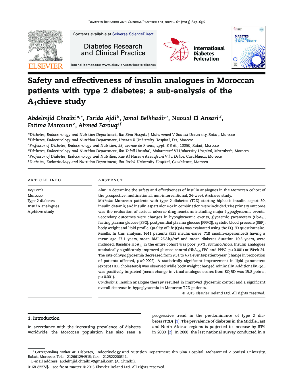 Safety and effectiveness of insulin analogues in Moroccan patients with type 2 diabetes: a sub-analysis of the A1chieve study