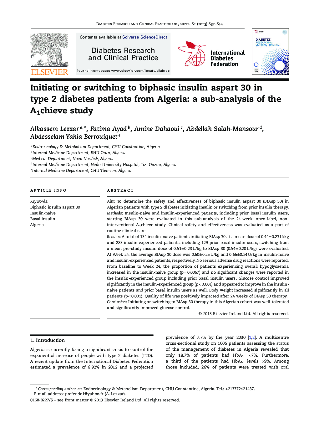 Initiating or switching to biphasic insulin aspart 30 in type 2 diabetes patients from Algeria: a sub-analysis of the A1chieve study