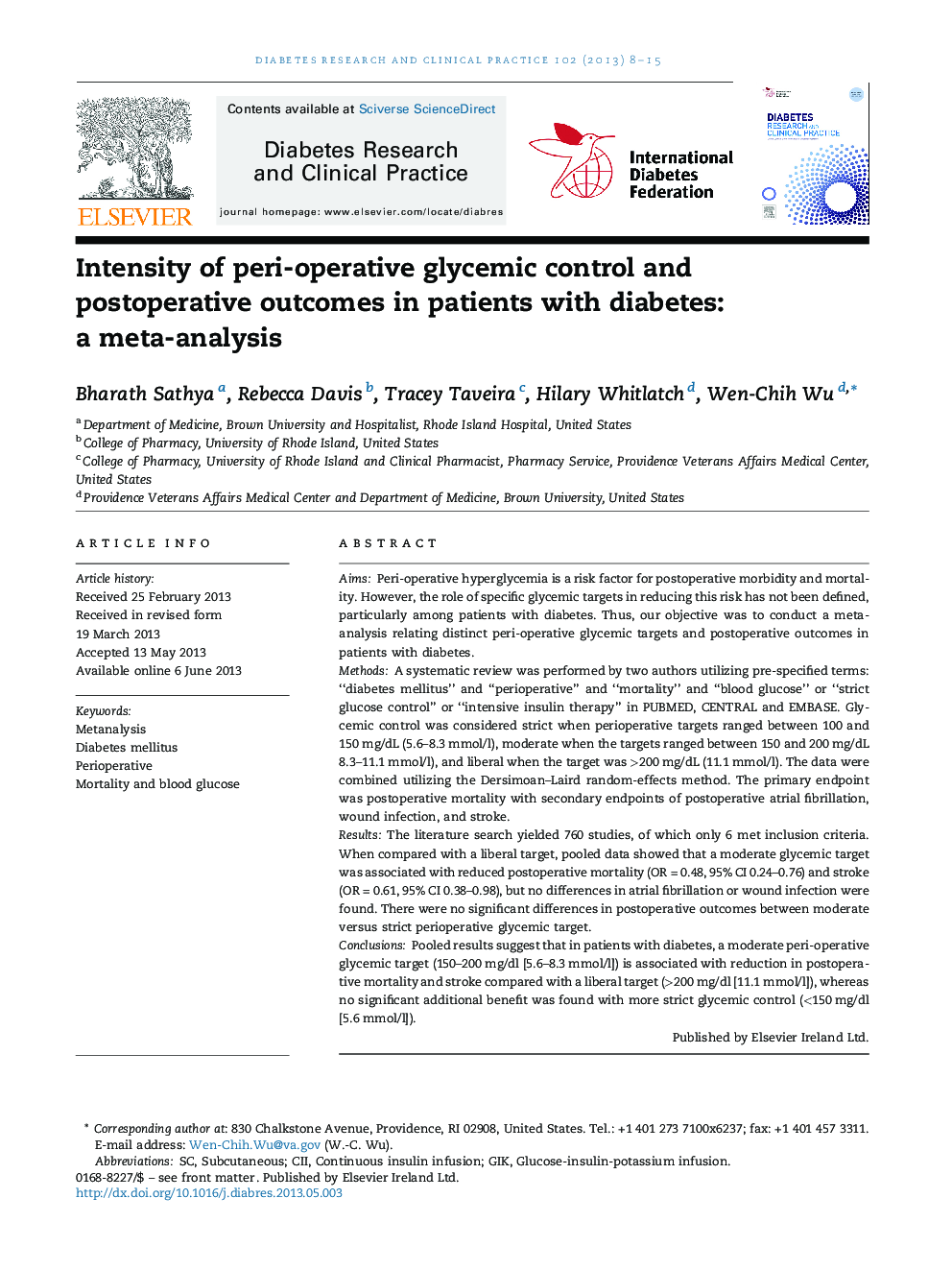 Intensity of peri-operative glycemic control and postoperative outcomes in patients with diabetes: a meta-analysis