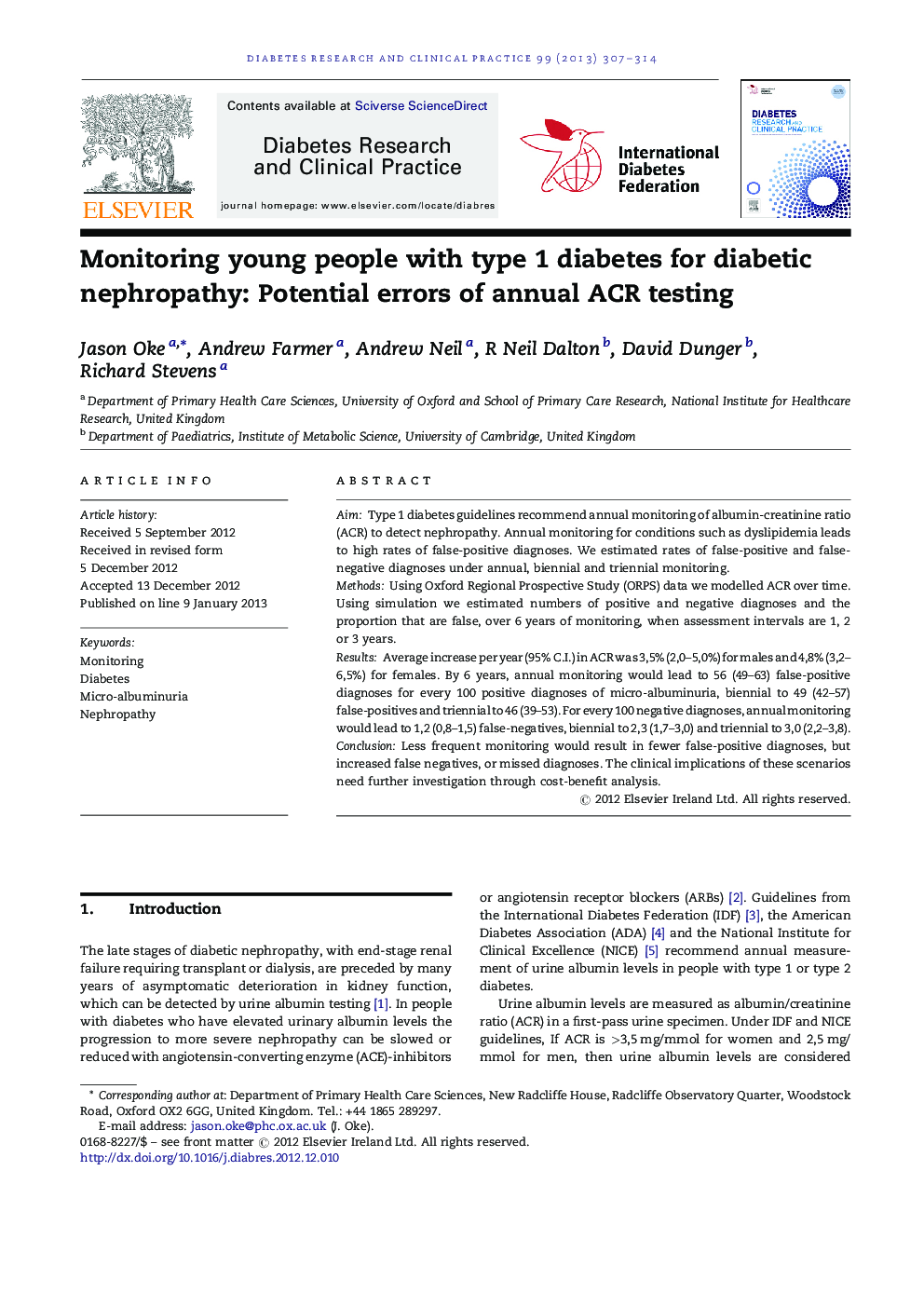 Monitoring young people with type 1 diabetes for diabetic nephropathy: Potential errors of annual ACR testing