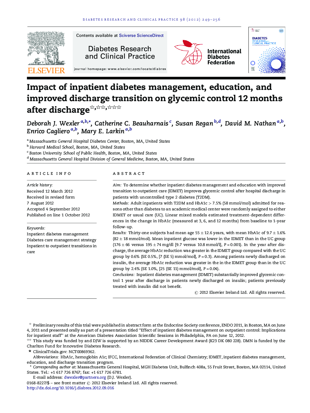 Impact of inpatient diabetes management, education, and improved discharge transition on glycemic control 12 months after discharge ★