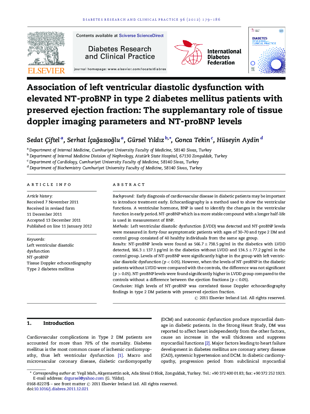 Association of left ventricular diastolic dysfunction with elevated NT-proBNP in type 2 diabetes mellitus patients with preserved ejection fraction: The supplemantary role of tissue doppler imaging parameters and NT-proBNP levels
